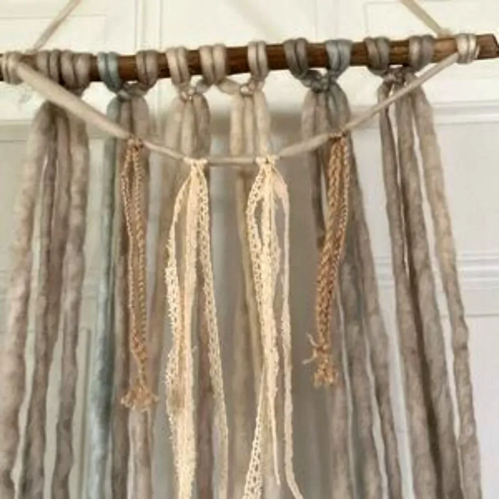 BOHEMIAN Boho Wall Art Natural WOOL Ribbon Twine Wall Hanging 14 x 27 inches